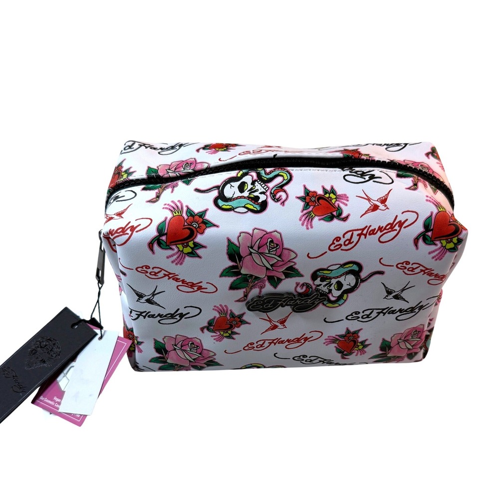 Ed Hardy Cosmetic Bag Womens White Tattoo Print‎ Skull Rose Y2K Travel Bag NWT
